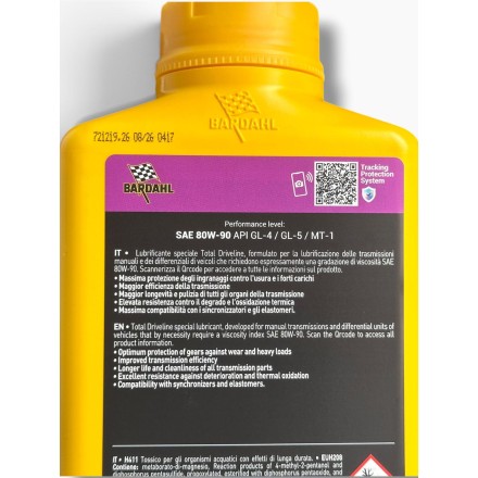 BARDAHL 1 Litro OLIO TRASMISSIONE CARDANO CAMBIO DIFFERENZIALE 80W90 80W-90 MOTO